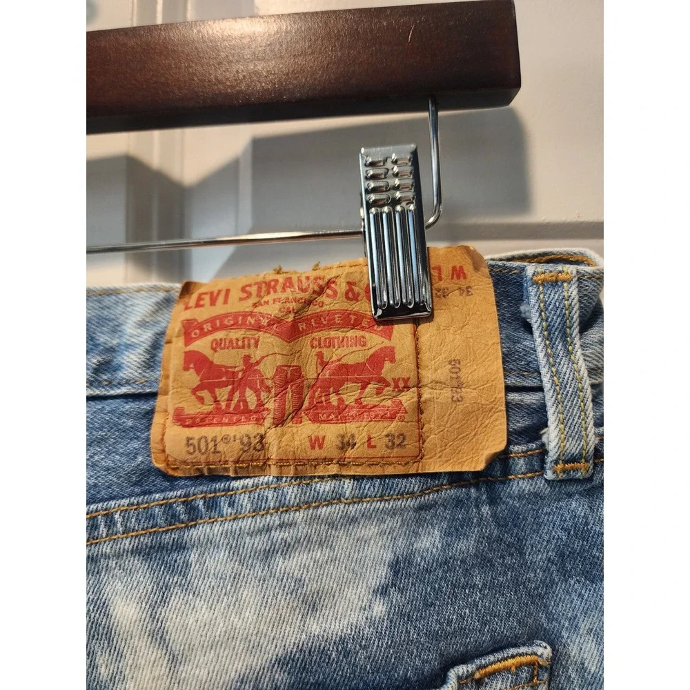 Levis 501 93 Straight Leg Jeans Men's 34x32 Blue White Acid Wash Tie Dye Denim